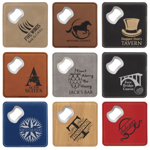 JDS Industries 4" x 4" Square Laserable Leatherette Bottle Opener Coaster GFT1239  4" x 4" Square Laserable Leatherette Bottle Opener Coaster Thumbnail